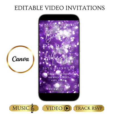 Editable purple bokeh 50th birthday birthday video invitation displayed on a mobile phone, featuring an animated vertical digital invite with music, created in Canva. This premium video invitation template is designed for sharing by text, email, and social media and works with an interactive RSVP website for easy guest response tracking.