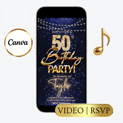 Editable blue gold sequin 50th birthday video invitation displayed on a mobile phone, featuring an animated vertical digital invite with music, created in Canva. This premium video invitation template is designed for sharing by text, email, and social media and works with an interactive RSVP website for easy guest response tracking.