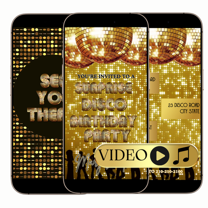Editable Golden Disco Ball Birthday Video Invitation