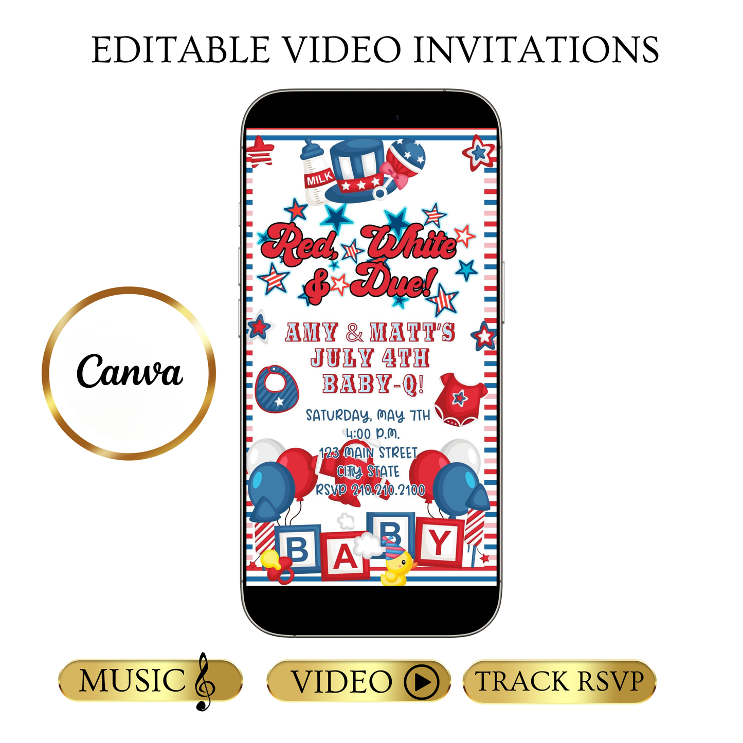 Editable red white blue 4th of july baby shower baby shower video invitation displayed on a mobile phone, featuring an animated vertical digital invite with music, created in Canva. This premium video invitation template is designed for sharing by text, email, and social media and works with an interactive RSVP website for easy guest response tracking.