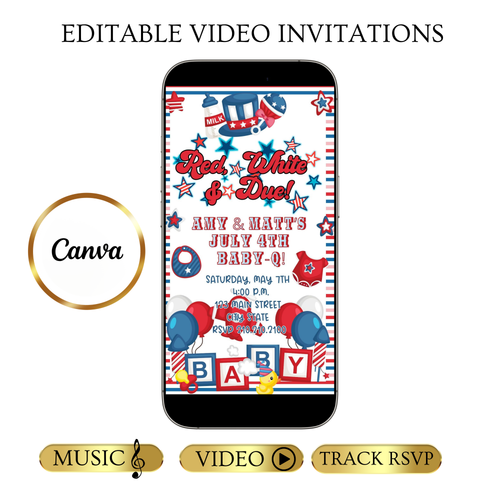 Editable red white blue 4th of july baby shower baby shower video invitation displayed on a mobile phone, featuring an animated vertical digital invite with music, created in Canva. This premium video invitation template is designed for sharing by text, email, and social media and works with an interactive RSVP website for easy guest response tracking.