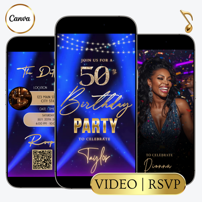 Editable blue spotlight 50th birthday video invitation displayed on a mobile phone, featuring an animated vertical digital invite with music, created in Canva. This premium video invitation template is designed for sharing by text, email, and social media and works with an interactive RSVP website for easy guest response tracking.
