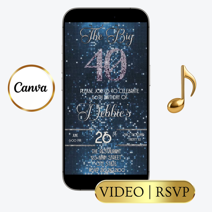 Editable blue sequin 40th birthday video invitation displayed on a mobile phone, featuring an animated vertical digital invite with music, created in Canva. This premium video invitation template is designed for sharing by text, email, and social media and works with an interactive RSVP website for easy guest response tracking.