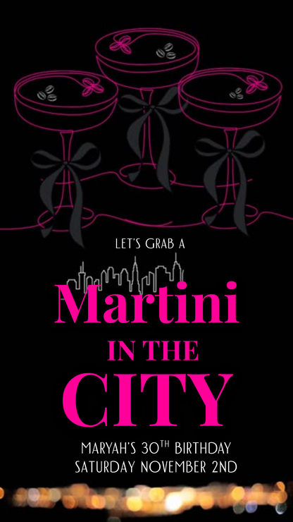 Editable Martini in the City invite displayed on smartphone