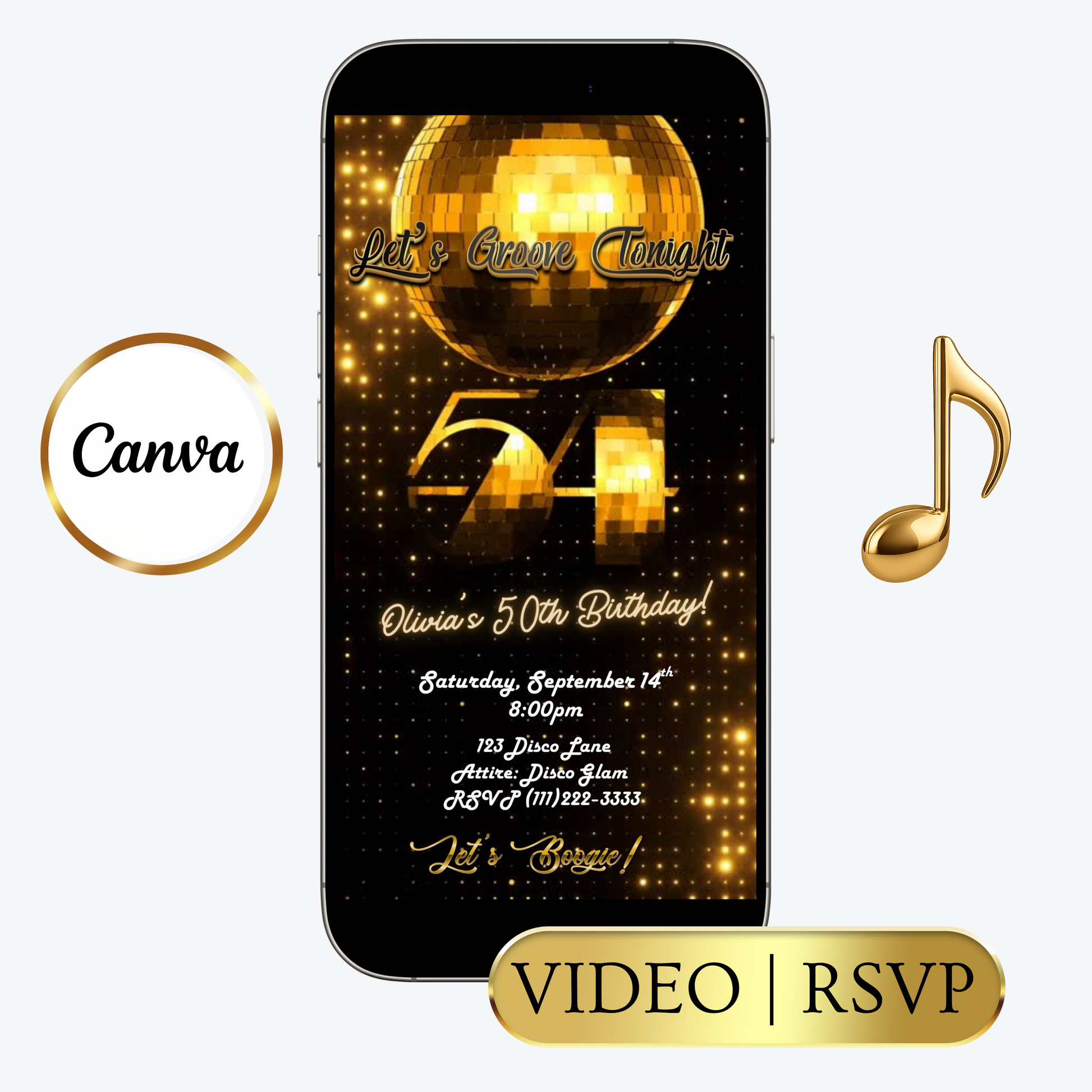 Editable gold disco 54th birthday video invitation displayed on a mobile phone, featuring an animated vertical digital invite with music, created in Canva. This premium video invitation template is designed for sharing by text, email, and social media and works with an interactive RSVP website for easy guest response tracking.