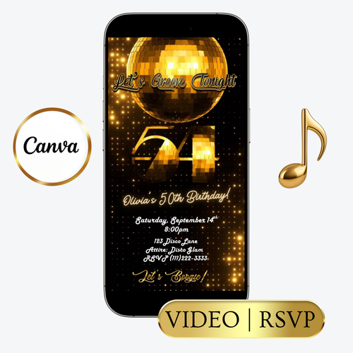 Editable gold disco 54th birthday video invitation displayed on a mobile phone, featuring an animated vertical digital invite with music, created in Canva. This premium video invitation template is designed for sharing by text, email, and social media and works with an interactive RSVP website for easy guest response tracking.