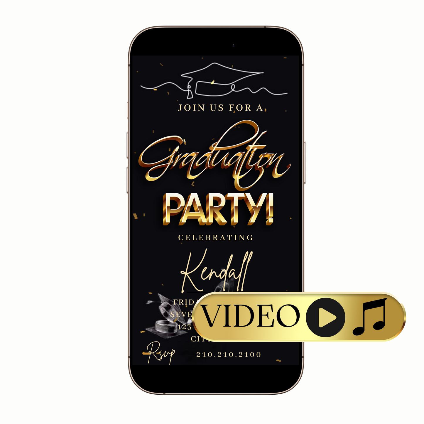 Graduation MP4 digital invitation with festive graphics