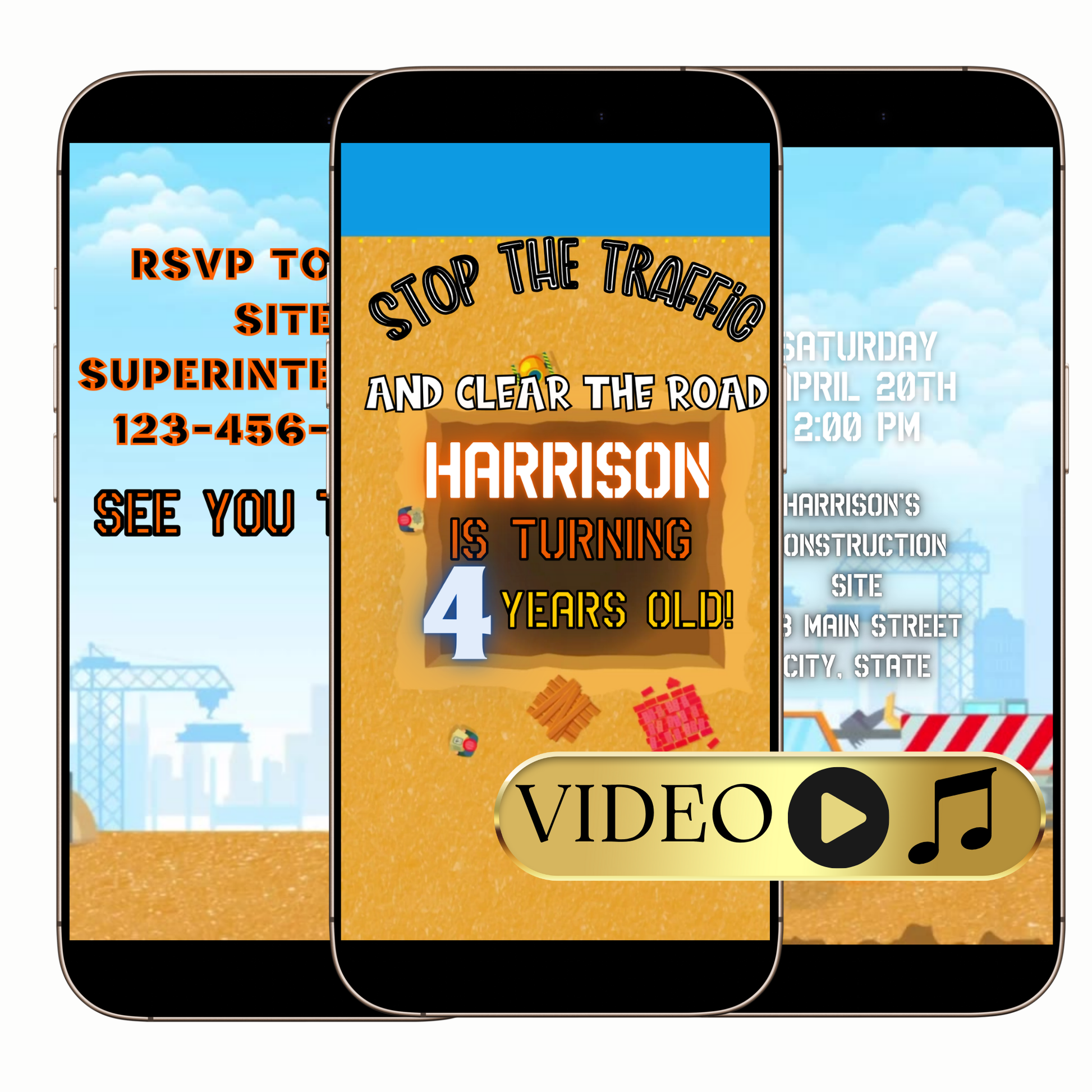 Editable Boys Construction Birthday Video Invitation