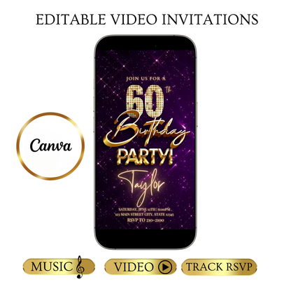 Editable purple gold sparkle 60th birthday birthday video invitation displayed on a mobile phone, featuring an animated vertical digital invite with music, created in Canva. This premium video invitation template is designed for sharing by text, email, and social media and works with an interactive RSVP website for easy guest response tracking.