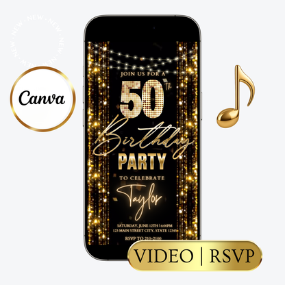 Editable emerald green gold sparkle 50th birthday video invitation displayed on a mobile phone, featuring an animated vertical digital invite with music, created in Canva. This premium video invitation template is designed for sharing by text, email, and social media and works with an interactive RSVP website for easy guest response tracking.
