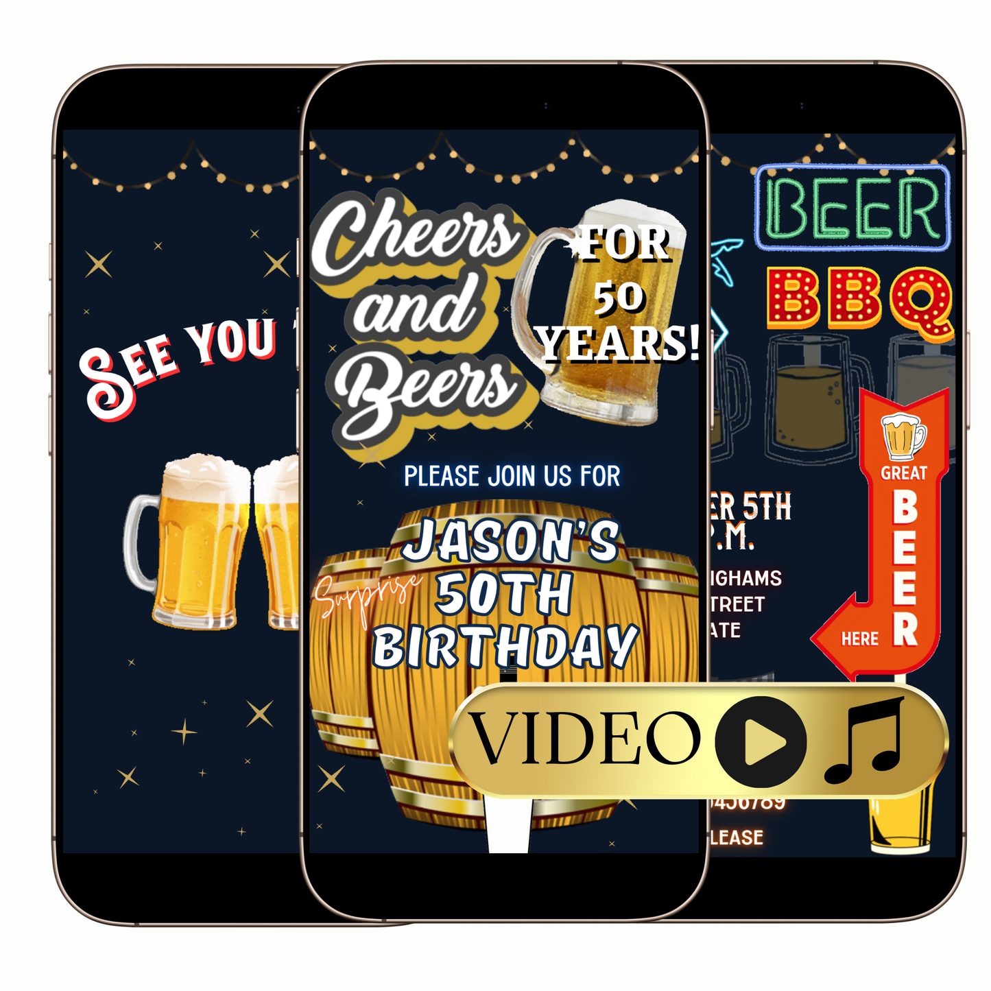 Editable Cheers and Beers 50th Birthday Video Invitation – Beer Themed Surprise Party Evite Template