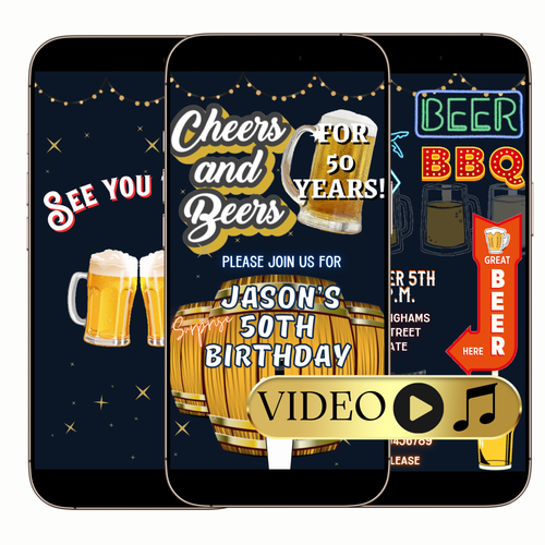 Editable Cheers and Beers 50th Birthday Video Invitation – Beer Themed Surprise Party Evite Template