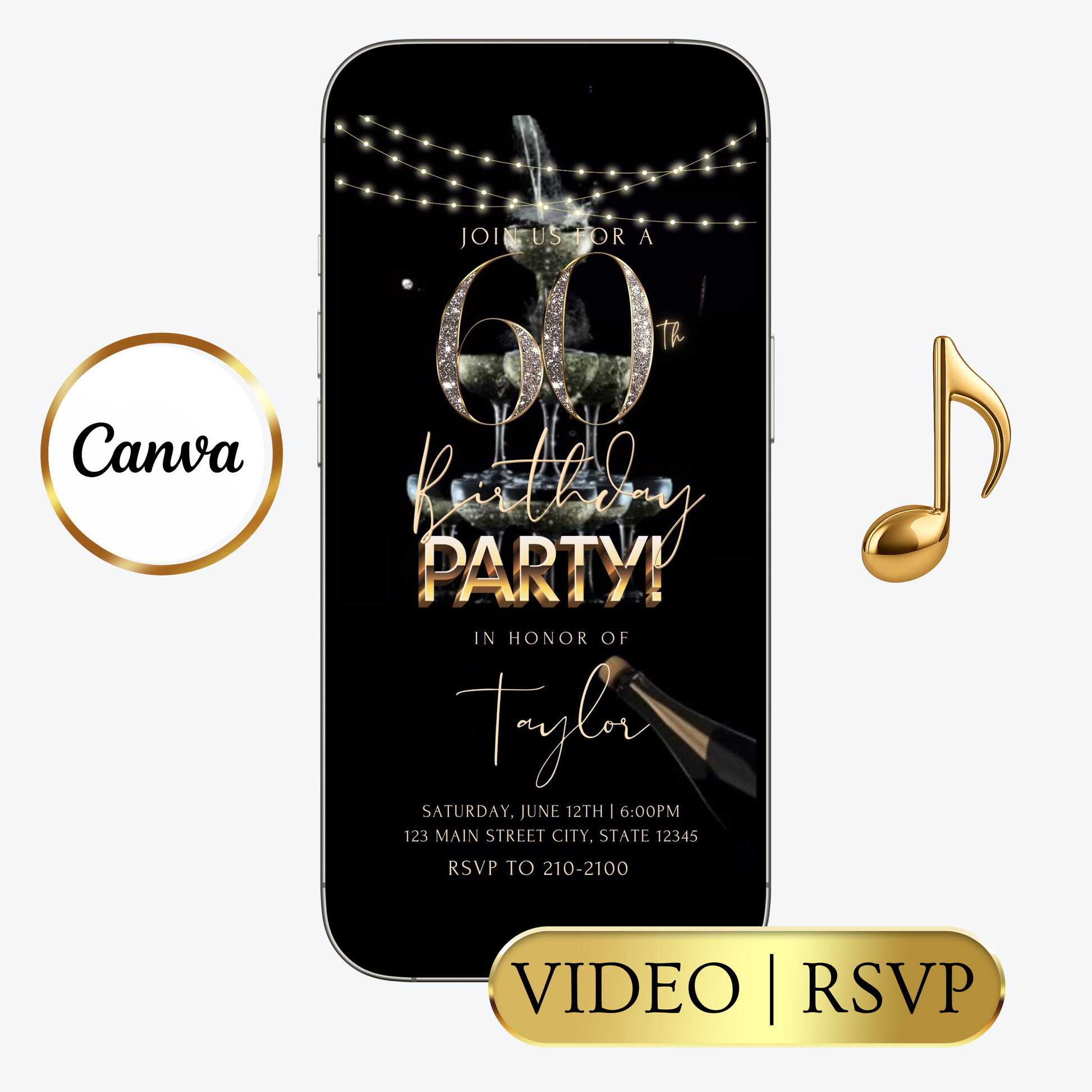 Editable black gold champagne 60th birthday video invitation displayed on a mobile phone, featuring an animated vertical digital invite with music, created in Canva. This premium video invitation template is designed for sharing by text, email, and social media and works with an interactive RSVP website for easy guest response tracking.