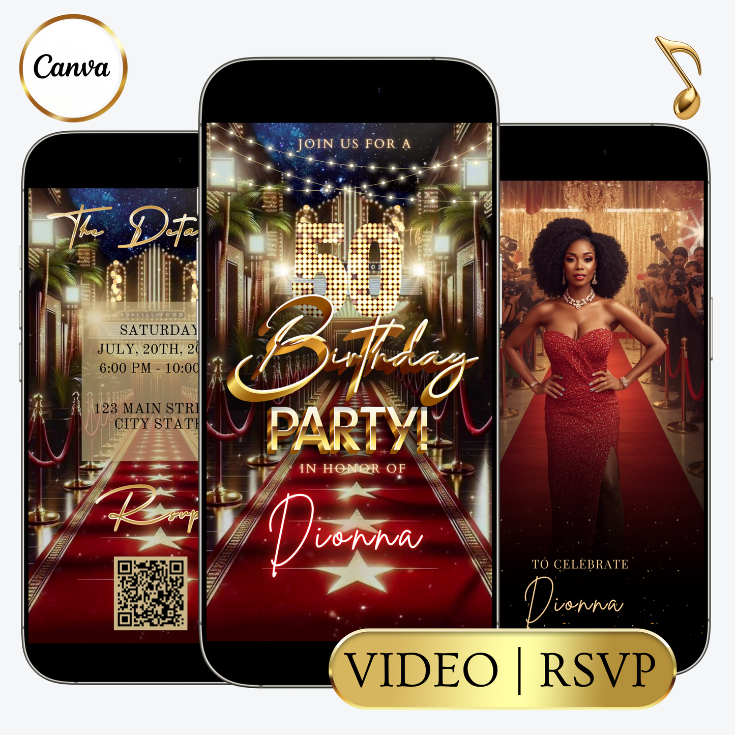 Editable hollywood red carpet 50th birthday video invitation displayed on a mobile phone, featuring an animated vertical digital invite with music, created in Canva. This premium video invitation template is designed for sharing by text, email, and social media and works with an interactive RSVP website for easy guest response tracking.