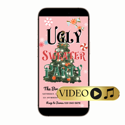Ugly sweater Christmas party video invitation with cozy pattern