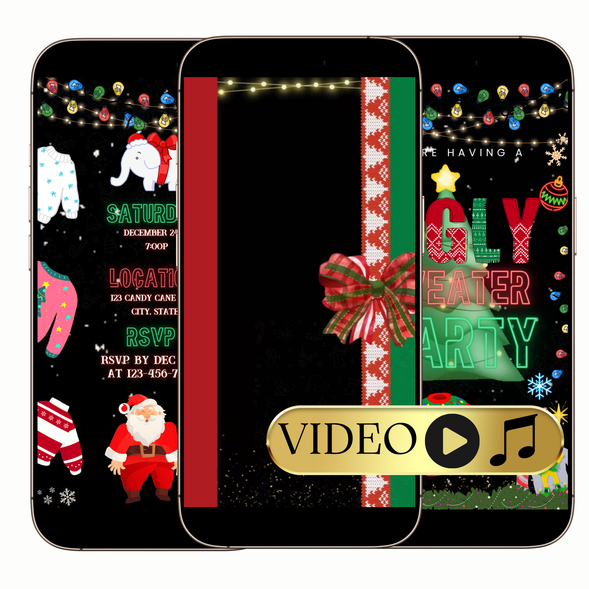 Ugly holiday sweater video invitation digital black festive