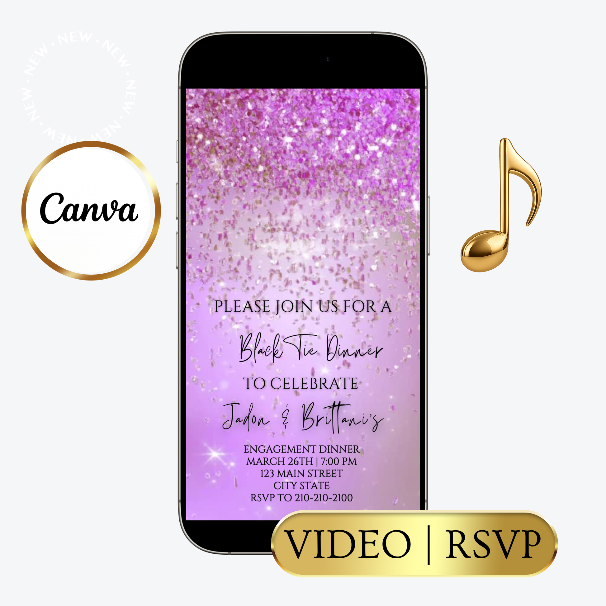 Editable purple watercolor glitter black tie engagement dinner video invitation displayed on a mobile phone, featuring an animated vertical digital invite with music, created in Canva. This premium video invitation template is designed for sharing by text, email, and social media and works with an interactive RSVP website for easy guest response tracking.