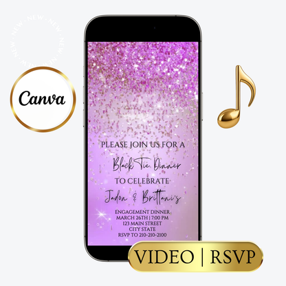 Editable purple watercolor glitter black tie engagement dinner video invitation displayed on a mobile phone, featuring an animated vertical digital invite with music, created in Canva. This premium video invitation template is designed for sharing by text, email, and social media and works with an interactive RSVP website for easy guest response tracking.