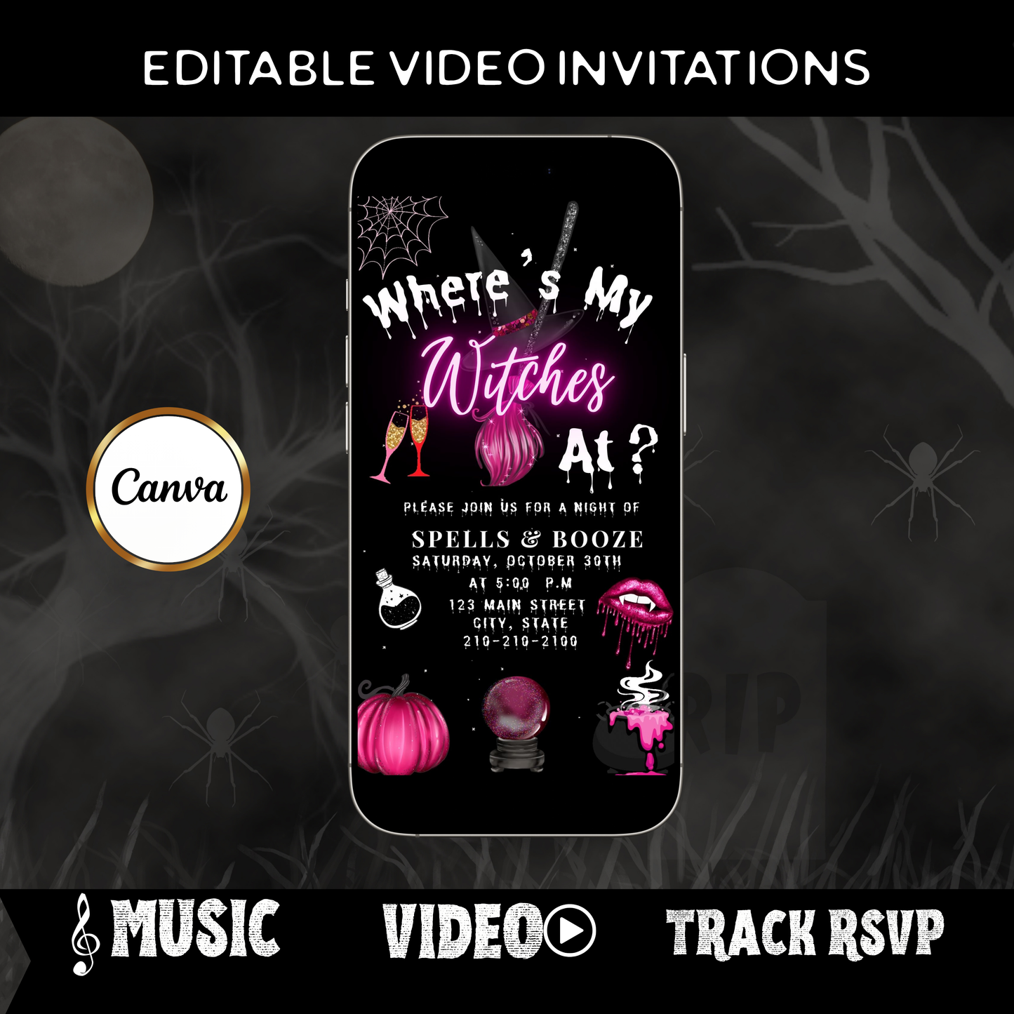 Editable pink witches halloween party party video invitation displayed on a mobile phone, featuring an animated vertical digital invite with music, created in Canva. This premium video invitation template is designed for sharing by text, email, and social media and works with an interactive RSVP website for easy guest response tracking.