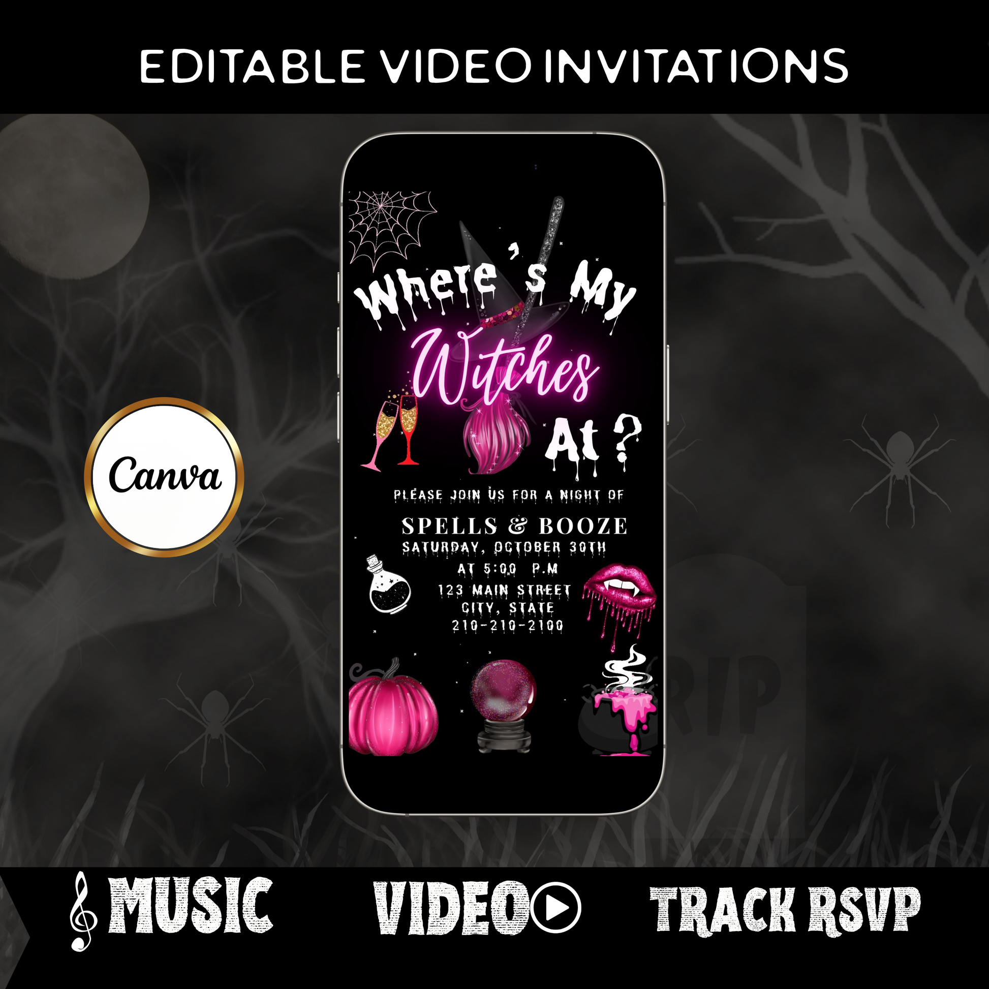Editable pink witches halloween party party video invitation displayed on a mobile phone, featuring an animated vertical digital invite with music, created in Canva. This premium video invitation template is designed for sharing by text, email, and social media and works with an interactive RSVP website for easy guest response tracking.