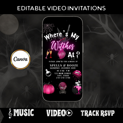 Editable pink witches halloween party party video invitation displayed on a mobile phone, featuring an animated vertical digital invite with music, created in Canva. This premium video invitation template is designed for sharing by text, email, and social media and works with an interactive RSVP website for easy guest response tracking.