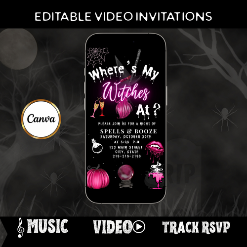 Editable pink witches halloween party party video invitation displayed on a mobile phone, featuring an animated vertical digital invite with music, created in Canva. This premium video invitation template is designed for sharing by text, email, and social media and works with an interactive RSVP website for easy guest response tracking.