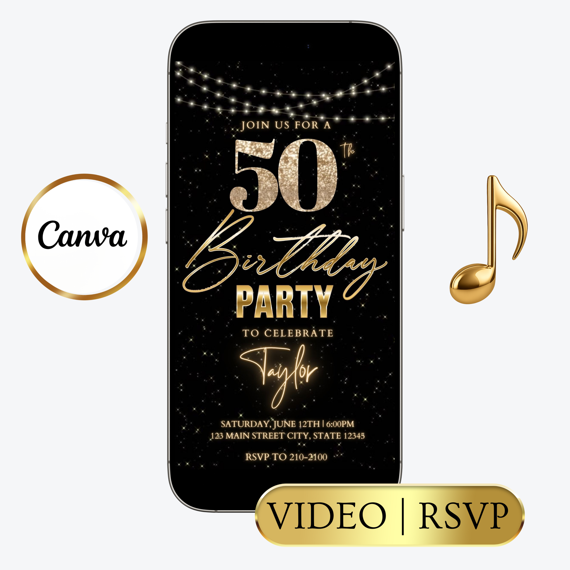 Editable gold glitter starry 50th birthday video invitation displayed on a mobile phone, featuring an animated vertical digital invite with music, created in Canva. This premium video invitation template is designed for sharing by text, email, and social media and works with an interactive RSVP website for easy guest response tracking.