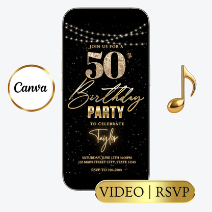 Editable gold glitter starry 50th birthday video invitation displayed on a mobile phone, featuring an animated vertical digital invite with music, created in Canva. This premium video invitation template is designed for sharing by text, email, and social media and works with an interactive RSVP website for easy guest response tracking.