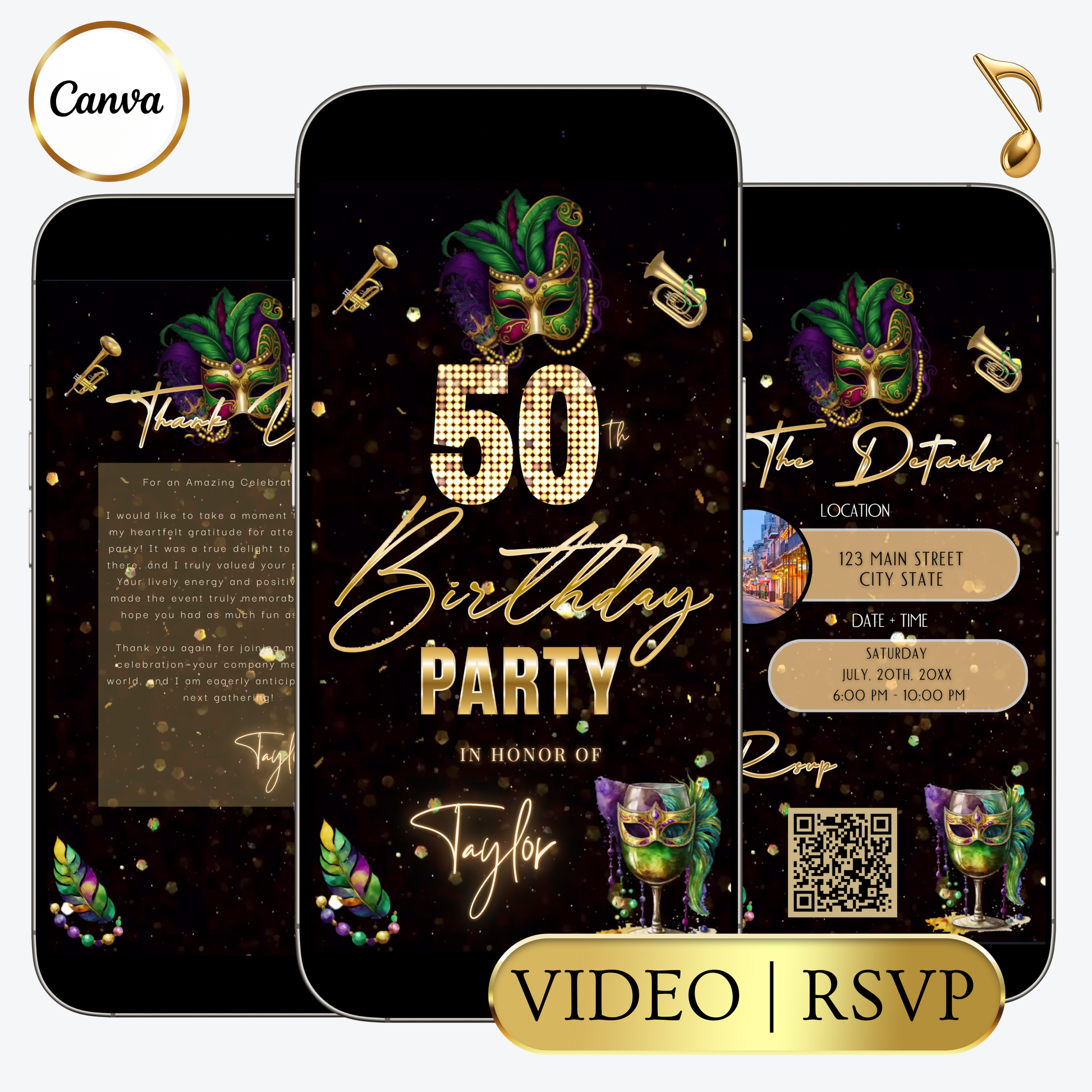Editable mardi gras masquerade 50th birthday video invitation displayed on a mobile phone, featuring an animated vertical digital invite with music, created in Canva. This premium video invitation template is designed for sharing by text, email, and social media and works with an interactive RSVP website for easy guest response tracking.