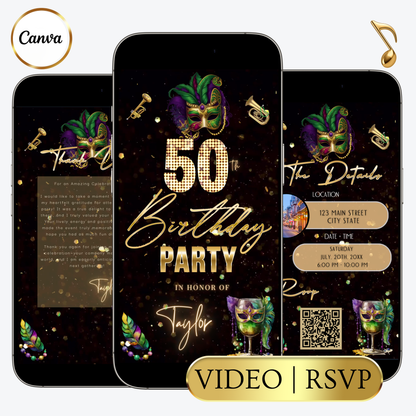 Editable mardi gras masquerade 50th birthday video invitation displayed on a mobile phone, featuring an animated vertical digital invite with music, created in Canva. This premium video invitation template is designed for sharing by text, email, and social media and works with an interactive RSVP website for easy guest response tracking.