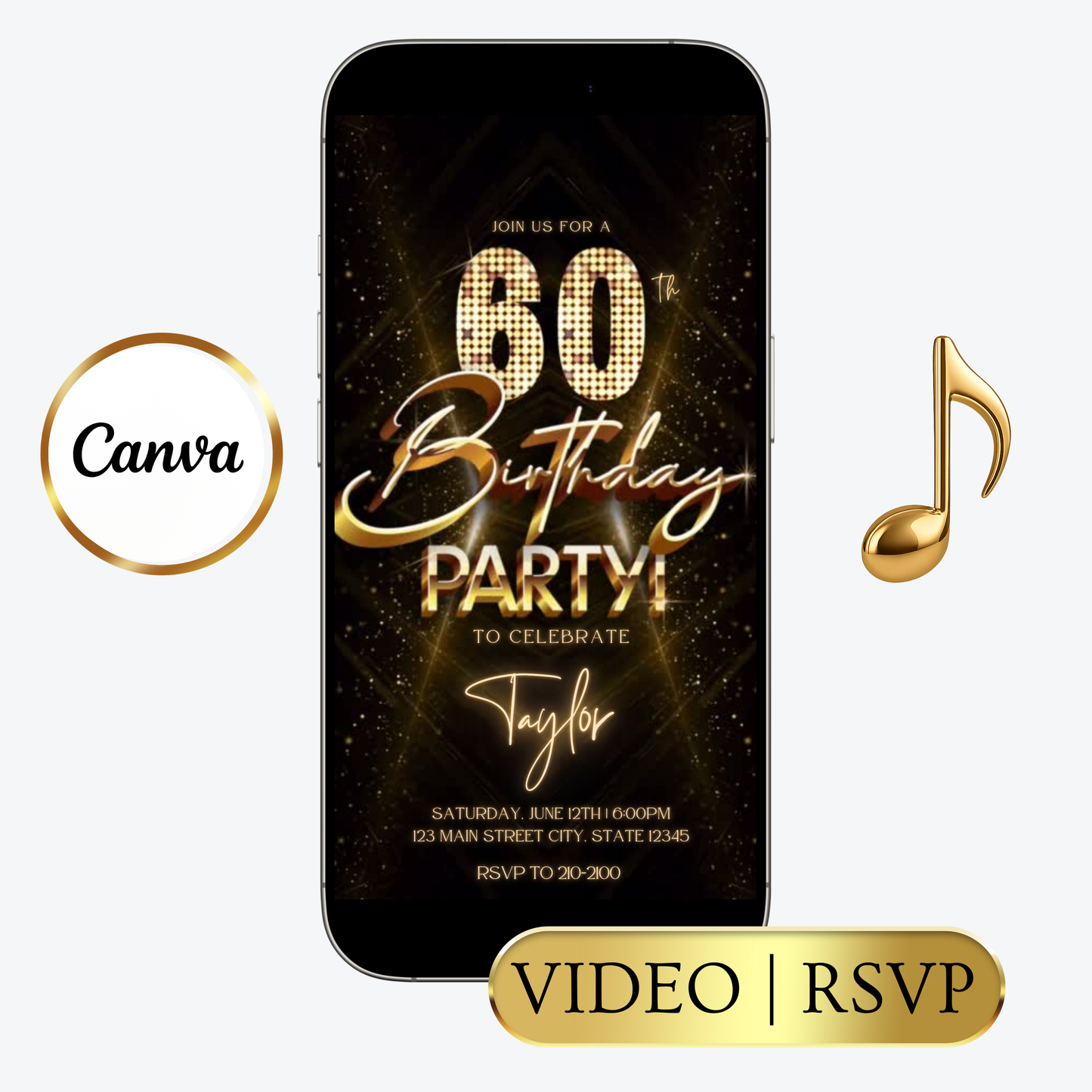 Editable gold glitter 60th birthday video invitation displayed on a mobile phone, featuring an animated vertical digital invite with music, created in Canva. This premium video invitation template is designed for sharing by text, email, and social media and works with an interactive RSVP website for easy guest response tracking.