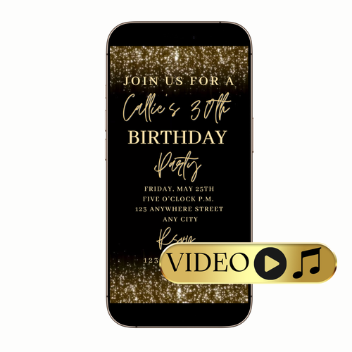 Gold sparkle celebration video invite preview shown on laptop