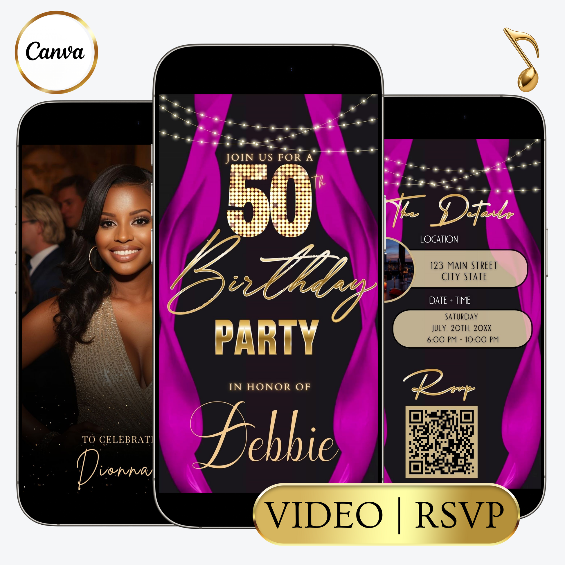 Editable pink curtain 50th birthday video invitation displayed on a mobile phone, featuring an animated vertical digital invite with music, created in Canva. This premium video invitation template is designed for sharing by text, email, and social media and works with an interactive RSVP website for easy guest response tracking.