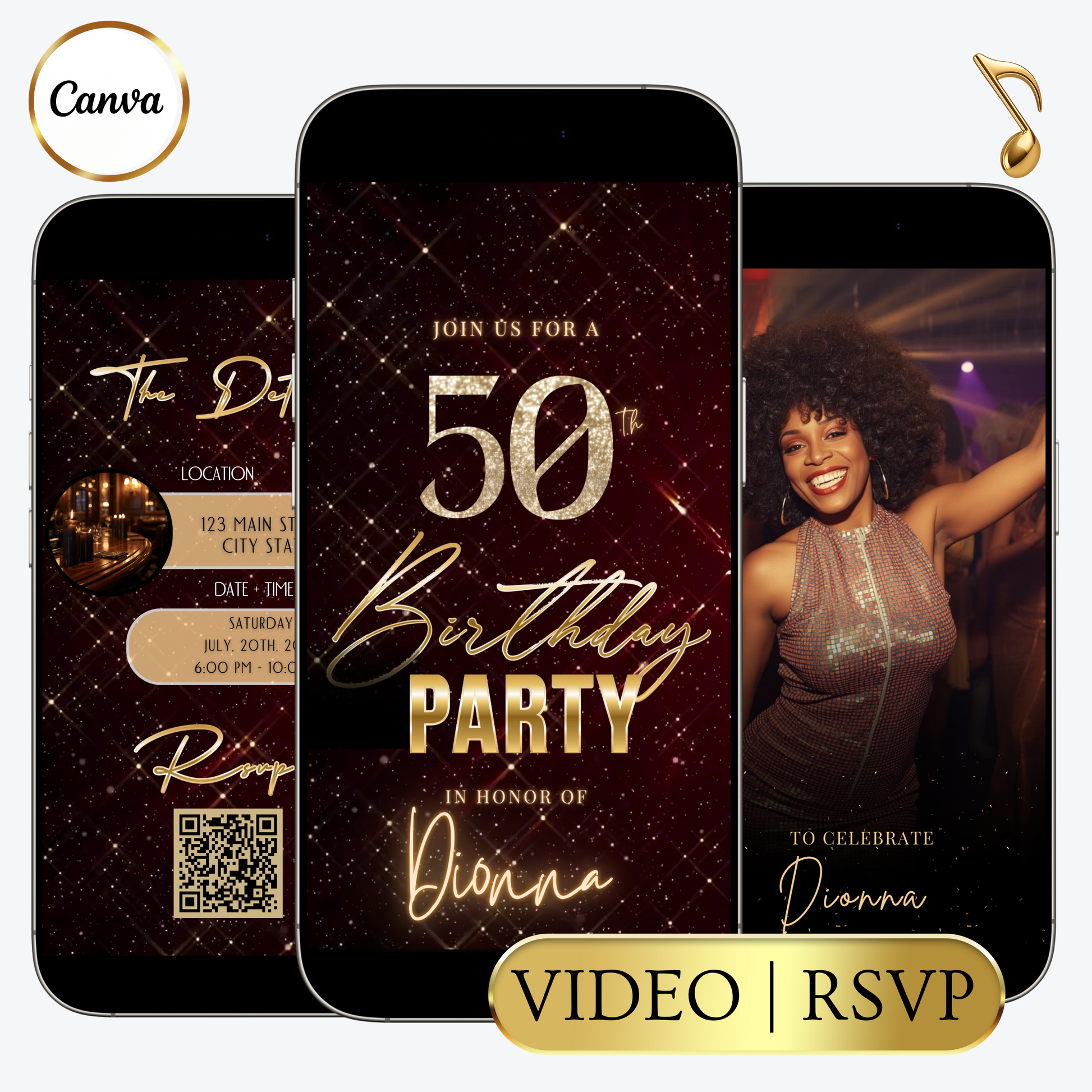Editable burgundy sparkly 50th birthday video invitation displayed on a mobile phone, featuring an animated vertical digital invite with music, created in Canva. This premium video invitation template is designed for sharing by text, email, and social media and works with an interactive RSVP website for easy guest response tracking.