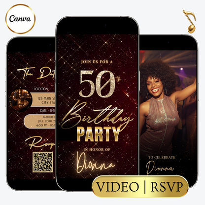 Editable burgundy sparkly 50th birthday video invitation displayed on a mobile phone, featuring an animated vertical digital invite with music, created in Canva. This premium video invitation template is designed for sharing by text, email, and social media and works with an interactive RSVP website for easy guest response tracking.