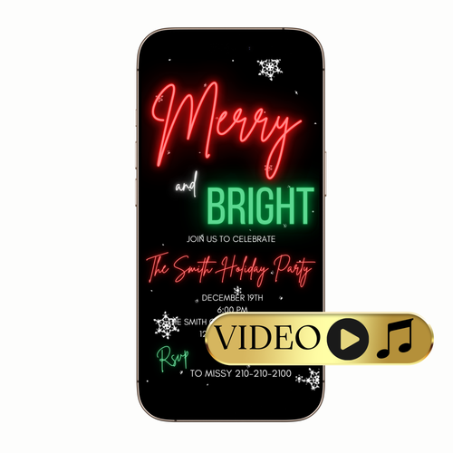 Neon Merry MP4 digital party invitation with bright accents