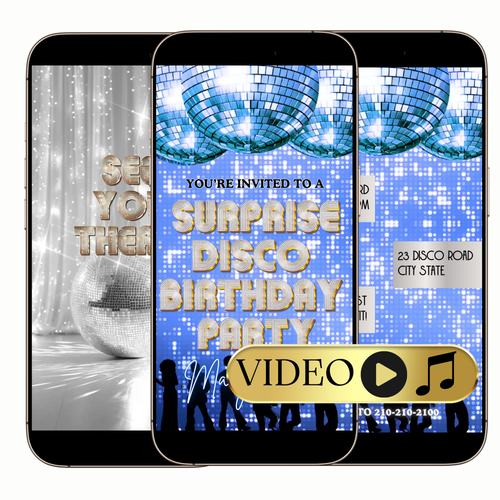 Blue disco ball video invitation digital template