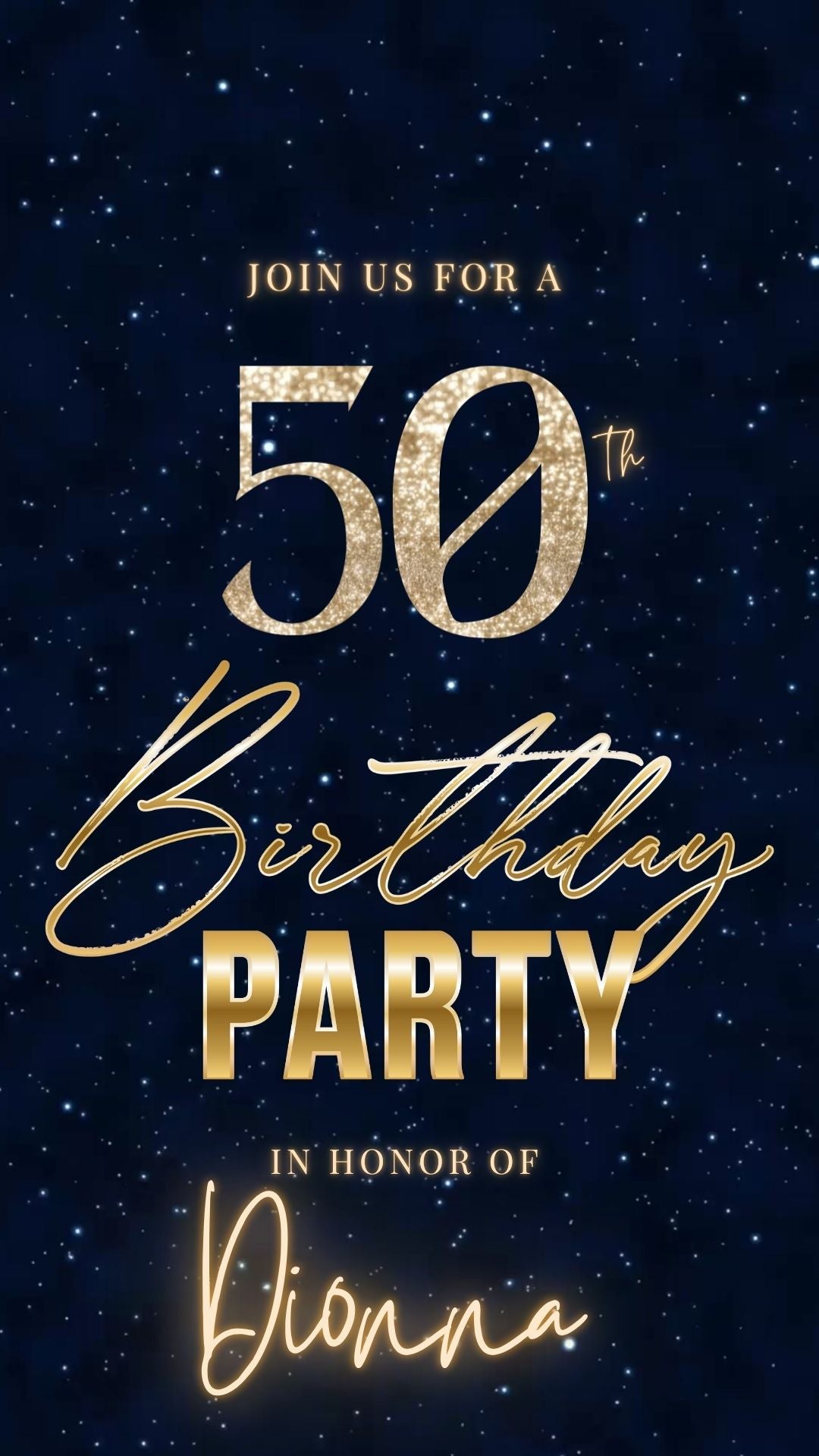 Editable blue shimmer 50th birthday video invitation displayed on a mobile phone, featuring an animated vertical digital invite with music, created in Canva. This premium video invitation template is designed for sharing by text, email, and social media and works with an interactive RSVP website for easy guest response tracking.