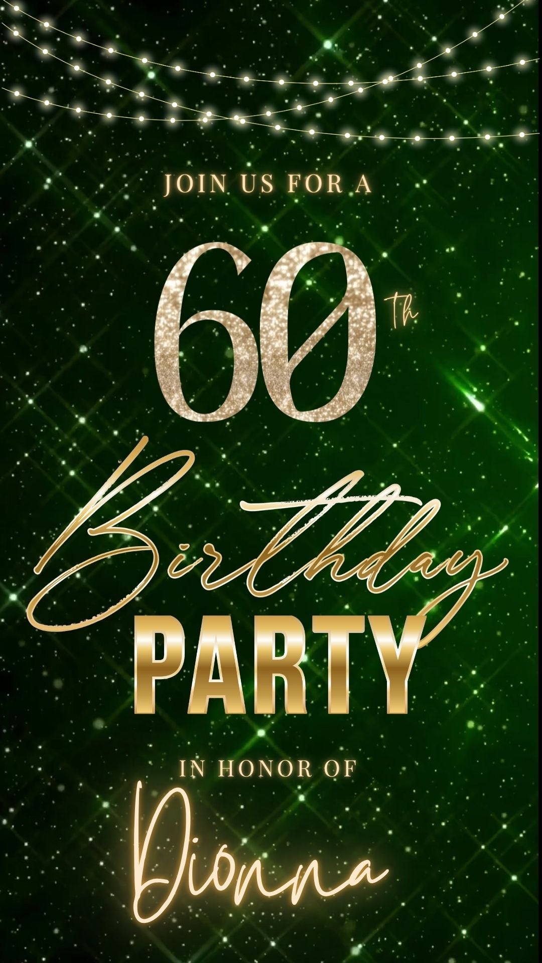 Editable emerald green gold 60th birthday birthday video invitation displayed on a mobile phone, featuring an animated vertical digital invite with music, created in Canva. This premium video invitation template is designed for sharing by text, email, and social media and works with an interactive RSVP website for easy guest response tracking.