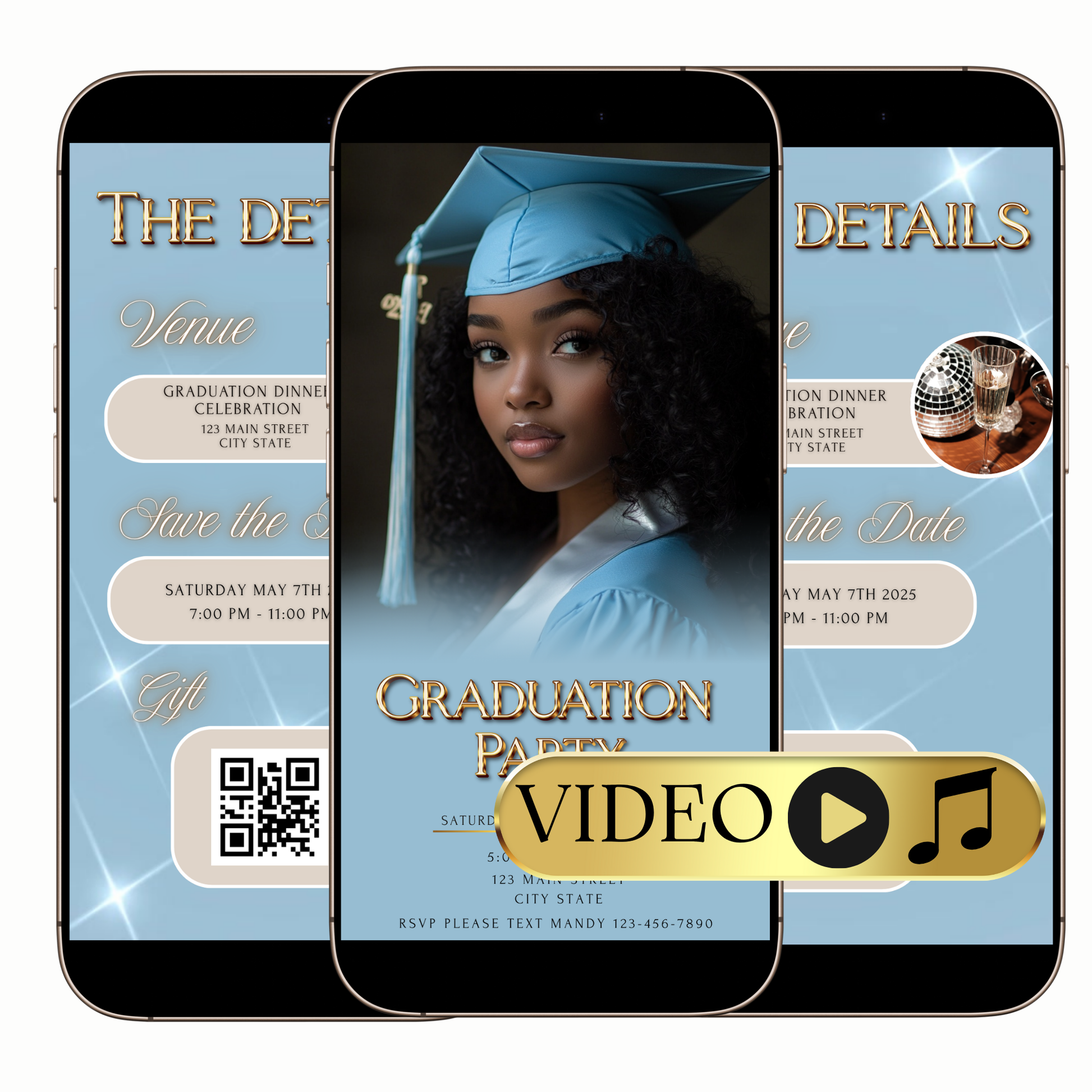 Editable Modern Gold and Blue Graduation Party Video Invite – Senior Celebration Template