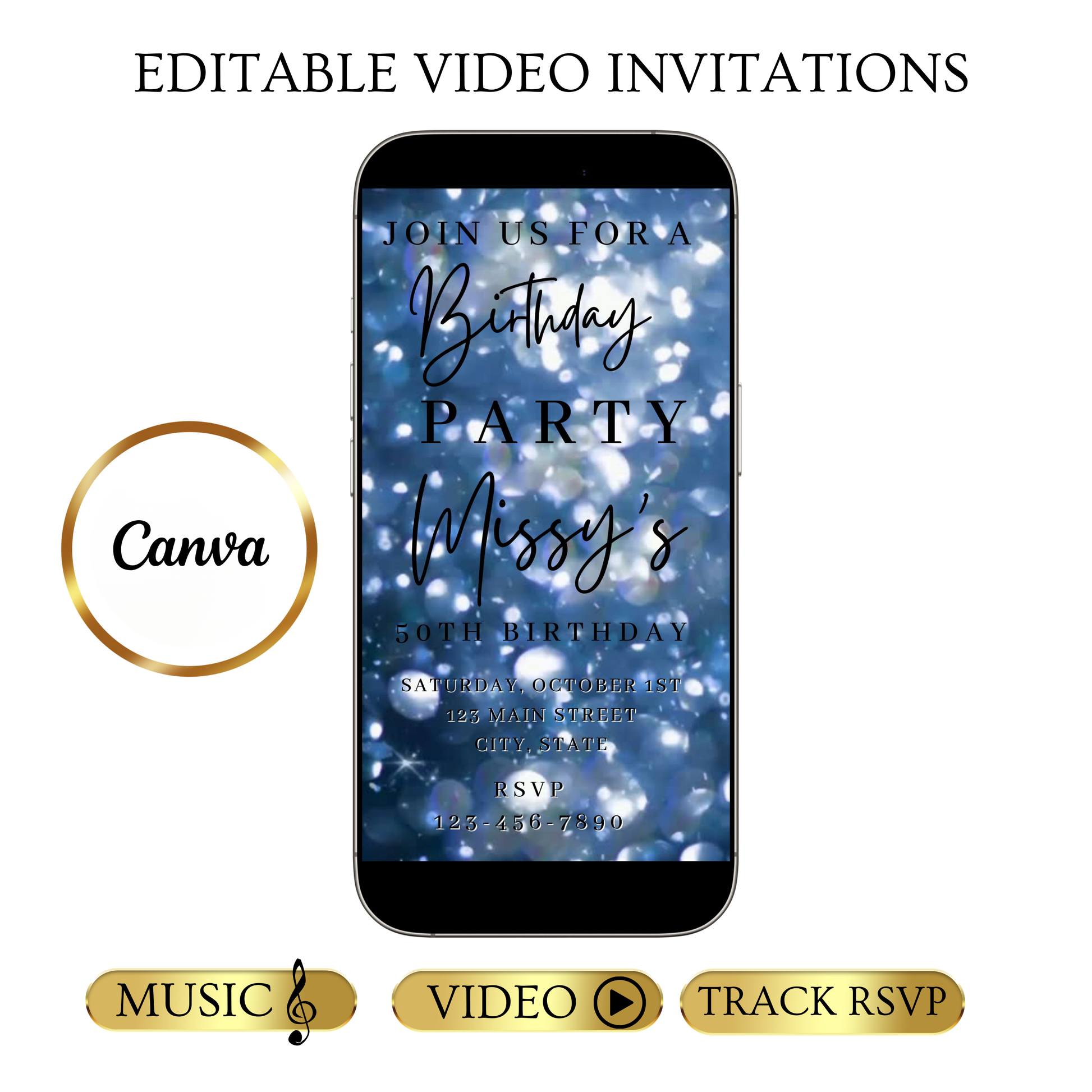 Editable blue bokeh 50th birthday birthday video invitation displayed on a mobile phone, featuring an animated vertical digital invite with music, created in Canva. This premium video invitation template is designed for sharing by text, email, and social media and works with an interactive RSVP website for easy guest response tracking.
