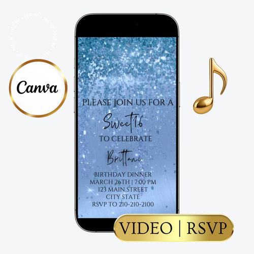 Editable aqua blue watercolor glitter sweet 16 birthday dinner video invitation displayed on a mobile phone, featuring an animated vertical digital invite with music, created in Canva. This premium video invitation template is designed for sharing by text, email, and social media and works with an interactive RSVP website for easy guest response tracking.
