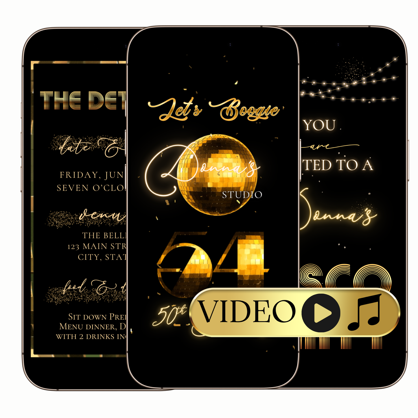 Digital Gold Disco Birthday Party Video Invitation – 70s Glam Dance Night Evite MP4 Invite