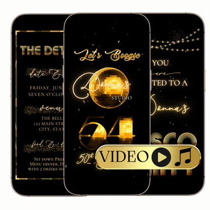 Digital Gold Disco Birthday Party Video Invitation – 70s Glam Dance Night Evite MP4 Invite