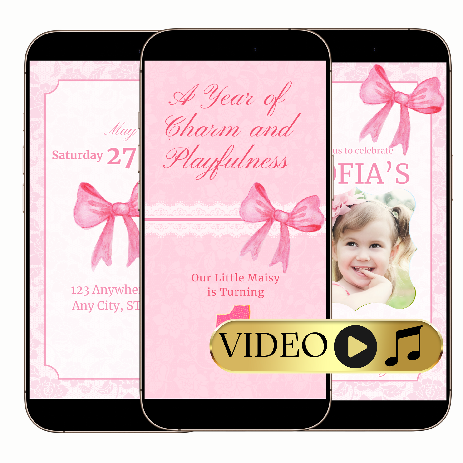 Pink bow first birthday video invitation digital elegant