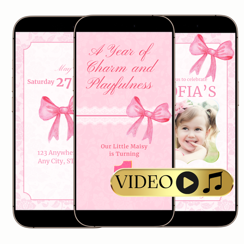 Pink bow first birthday video invitation digital elegant