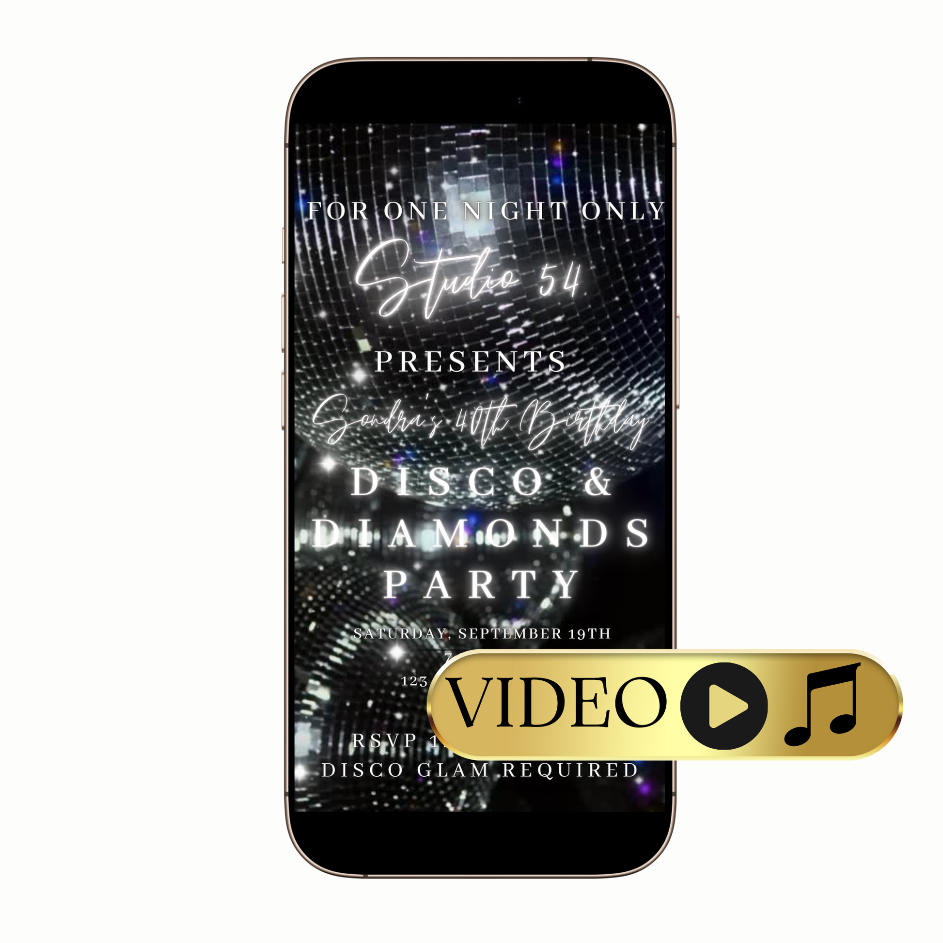 Editable Disco and Diamonds Studio 54 Glam Video Invitation Template with disco, glam, glitter