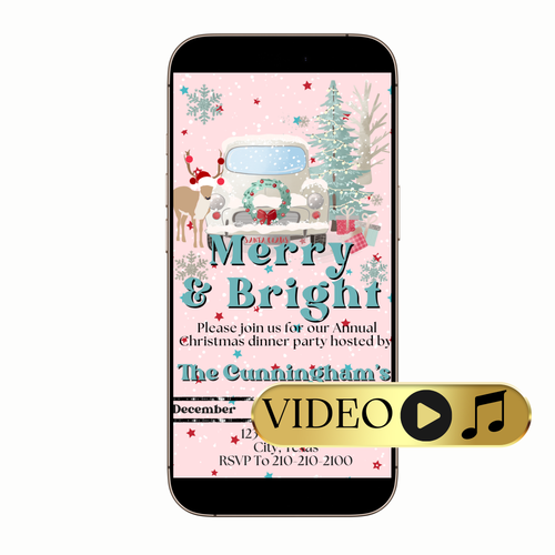 Pink Merry & Bright MP4 festive invite with sparkling accents