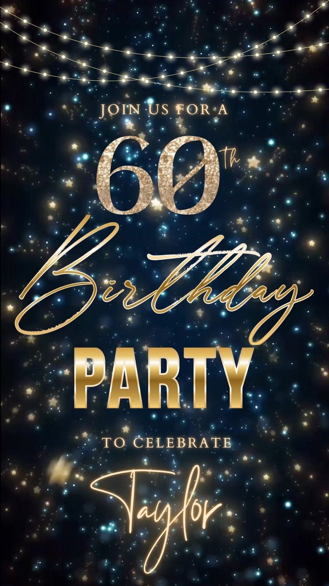 Editable teal gold star confetti 60th birthday birthday video invitation displayed on a mobile phone, featuring an animated vertical digital invite with music, created in Canva. This premium video invitation template is designed for sharing by text, email, and social media and works with an interactive RSVP website for easy guest response tracking.
