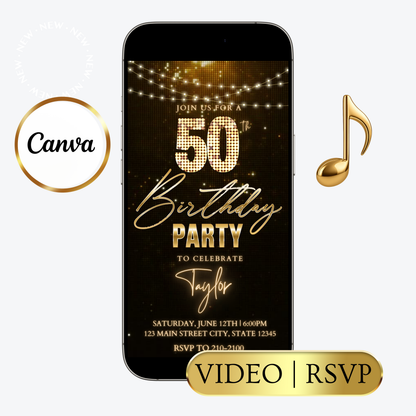 Editable black gold champagne 50th birthday video invitation displayed on a mobile phone, featuring an animated vertical digital invite with music, created in Canva. This premium video invitation template is designed for sharing by text, email, and social media and works with an interactive RSVP website for easy guest response tracking.